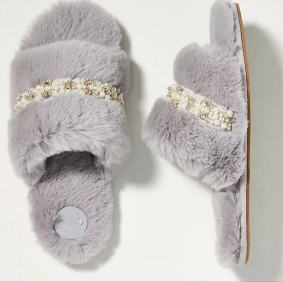 Anthropologie Shoes - NWT ANTHROPOLOGIE LILAC PEARL SLIP ON SLIPPERS Fluffy soft/Crystal SEND OFFERS!!